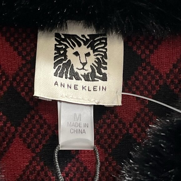 Anne Klein Sweater Jacket M Red Plaid Black Faux Fur Collar Full Zip Cardigan - Picture 7 of 13